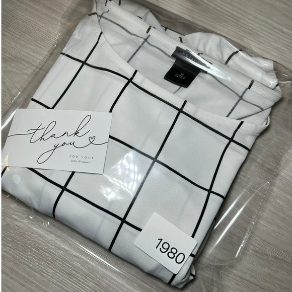 Ann Taylor Factory Women Grid Print Tie Sleeve Top Size Medium White Black - Picture 11 of 11